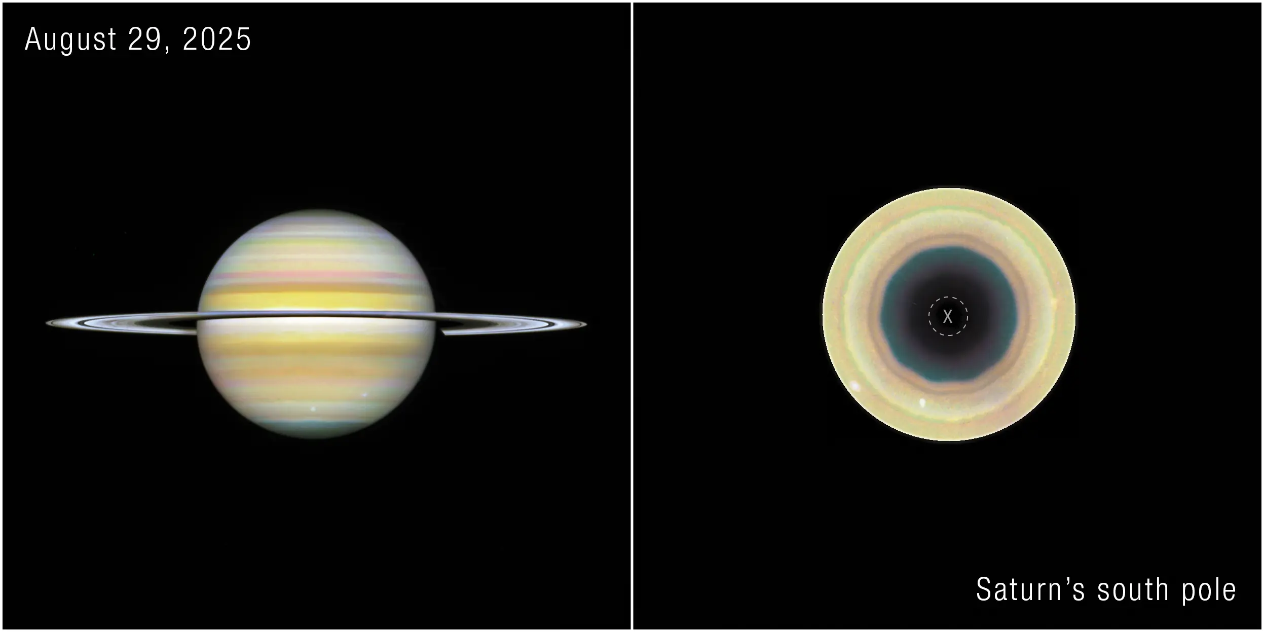 Hubble views of Saturn and its south pole with the ten-sided atmospheric wave outlined