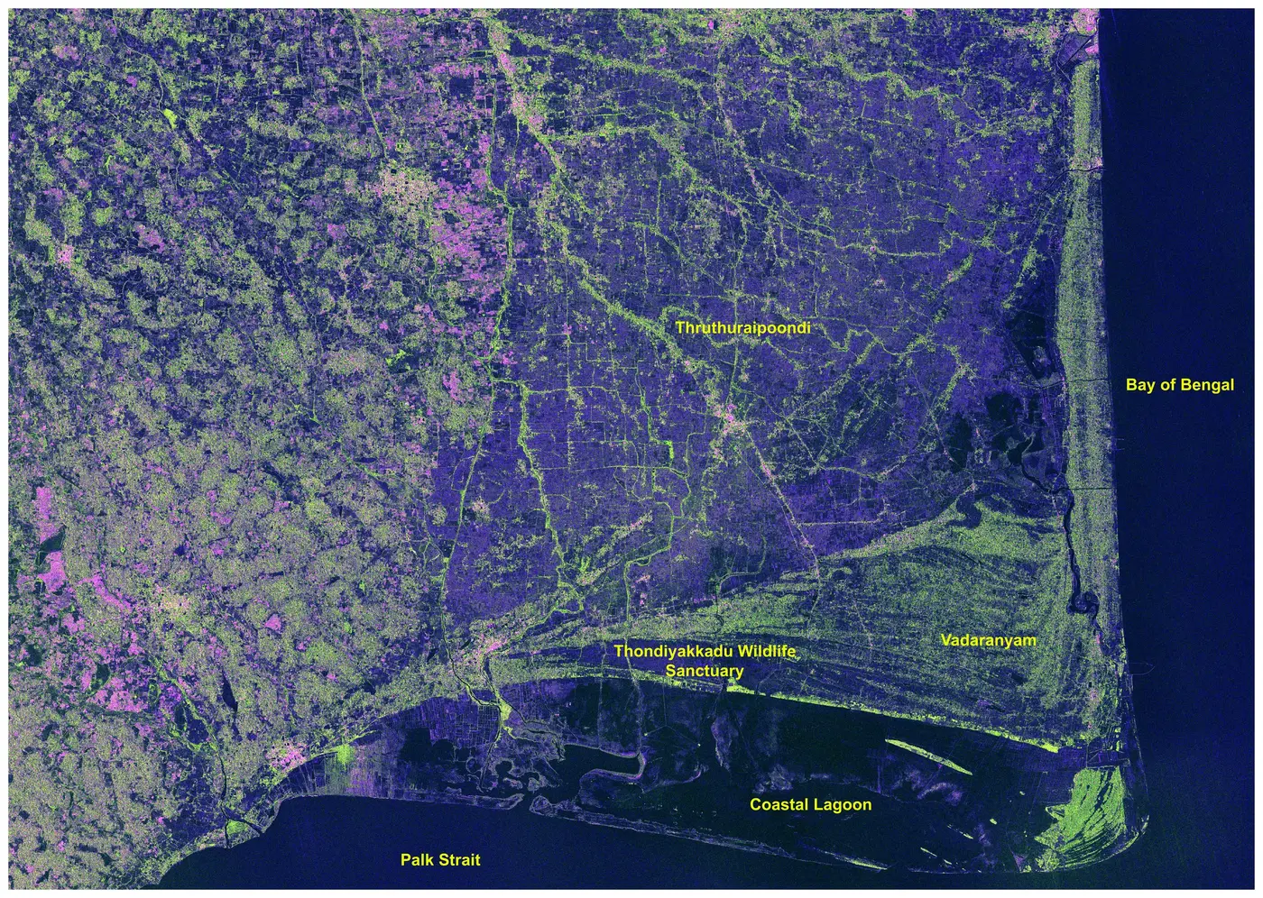 NISAR S-band radar composite showing the Nagapattinam coast, wetlands and the Bay of Bengal