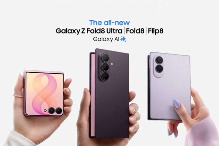Galaxy Z Flip8 folded in one hand beside the Galaxy Z Fold8 Ultra and Fold8
