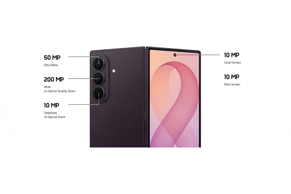 Samsung Galaxy Z Fold8 Ultra shown open and closed with its 200 MP camera system labelled